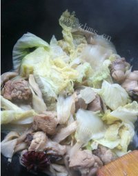 家常的白菜平菇炖鸡块做法图解7)