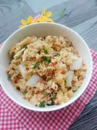 美味的白菜油豆腐蛋炒饭做法图解12)