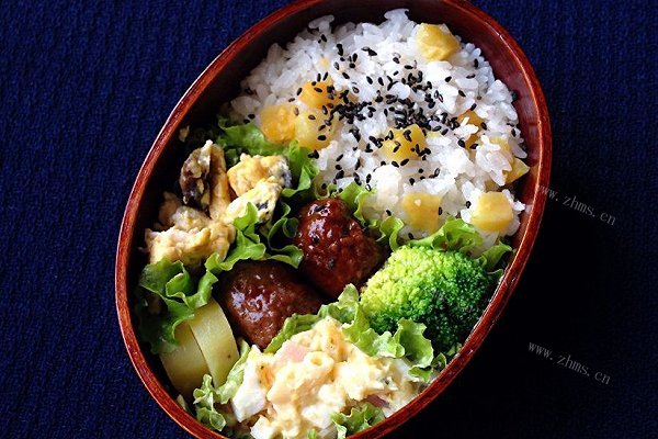 红薯饭和炖汉堡牛肉饼便当