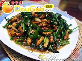 家常菜韭菜炒蚕蛹
